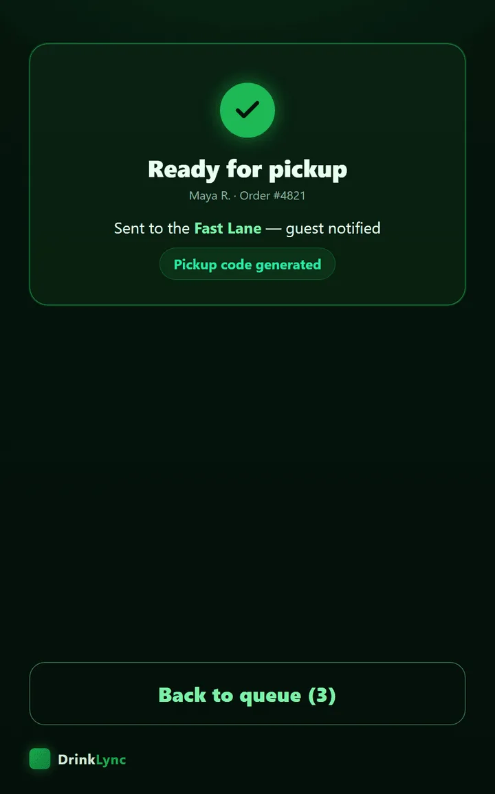 A bartender iPad showing an order marked ready for pickup
