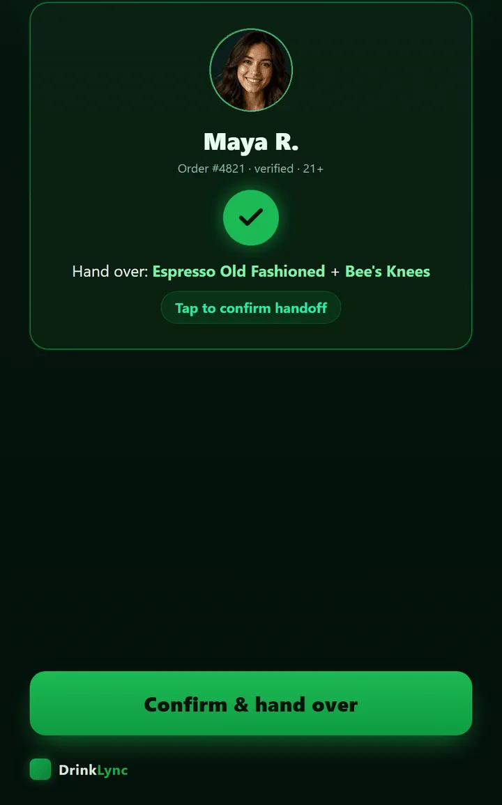 The gatekeeper's Code valid sheet showing the customer's order and a confirm button