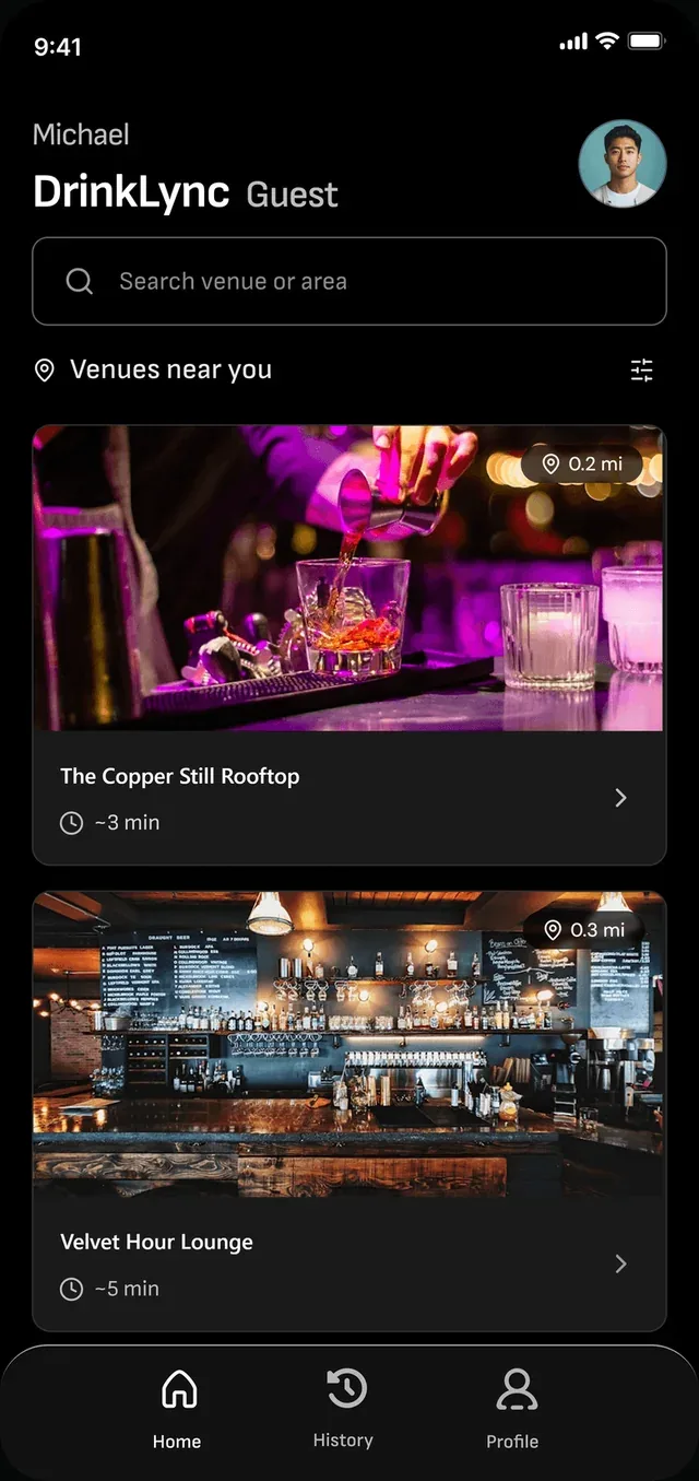 The customer home screen