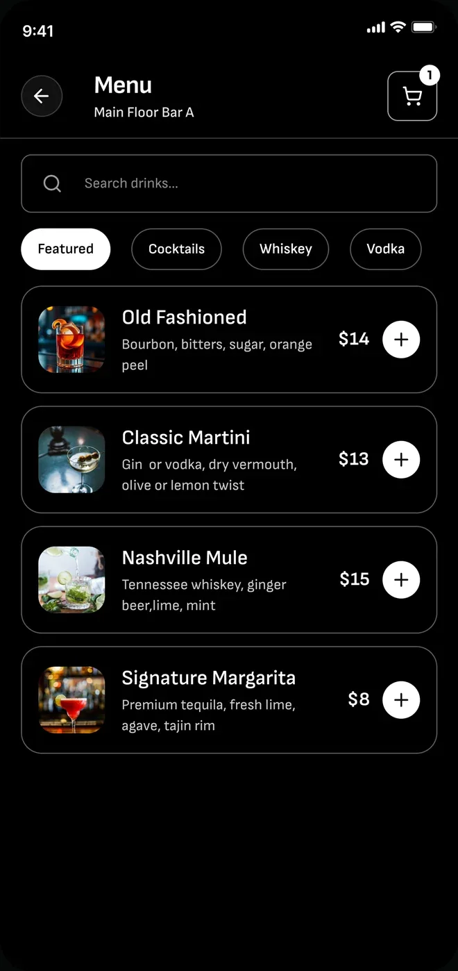 The customer menu where an order and payment start